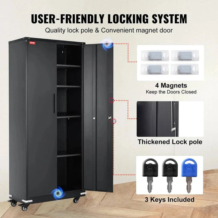 Metal storage cabinet with wheels and locking doors, adjustable shelves, 90 kg capacity
