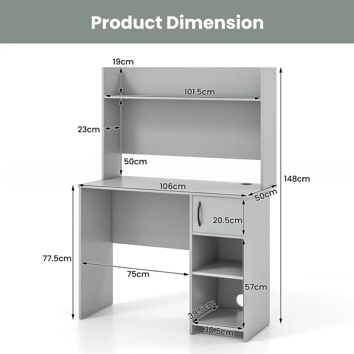 Home Office Computer Desk Gray with Raised Shelf, 2 Open Shelves & Cabinet with Adjustable Storage