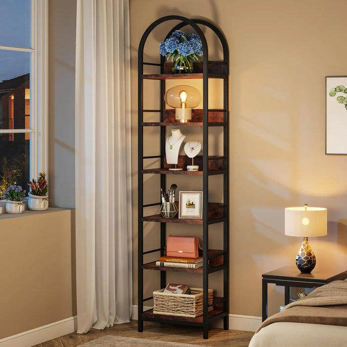 Space-Saving 200cm Rustic Brown Bookshelf Freestanding 6-Tier Metal Frame Storage Unit