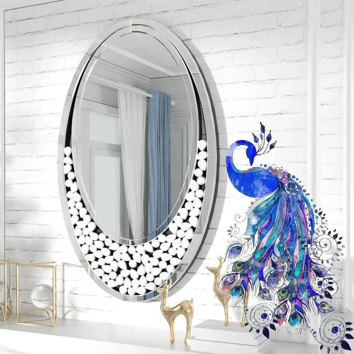 Modern oval wall mirror with bling effect and silver Venetian accent for hallway and bathroom decor