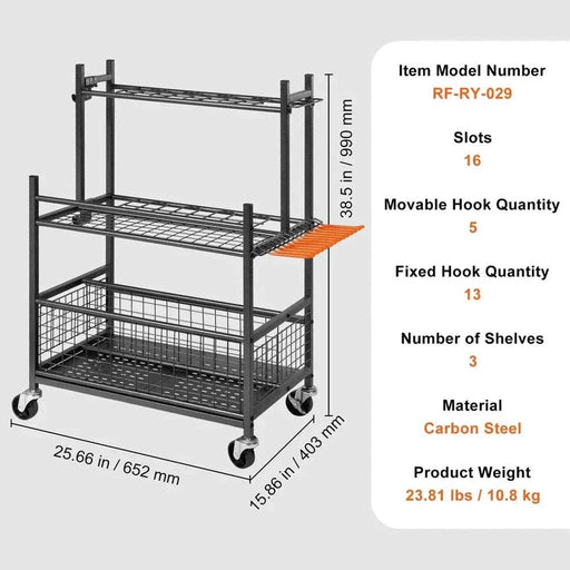 Multifunctional and durable 16-slot garden tool organizer with movable and fixed hooks, lockable swivel wheels, and adjustable feet for stability