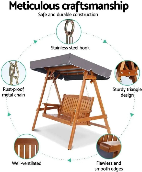 Outdoor Wooden Swing Chair 3-Seater with Adjustable Canopy & Cushions Teak Finish Patio Bench