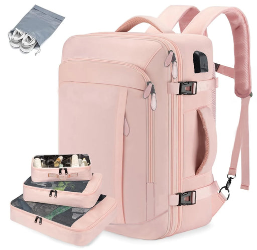 Large capacity expandable travel backpack pink water resistant with packing cubes