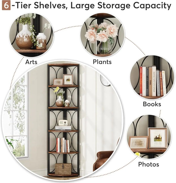 Tall Corner Bookshelf with 6 Shelves Rustic Wooden Storage Unit for Living Room
