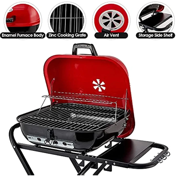 Outdoor Folding BBQ Grill with Adjustable Height & Rack Red