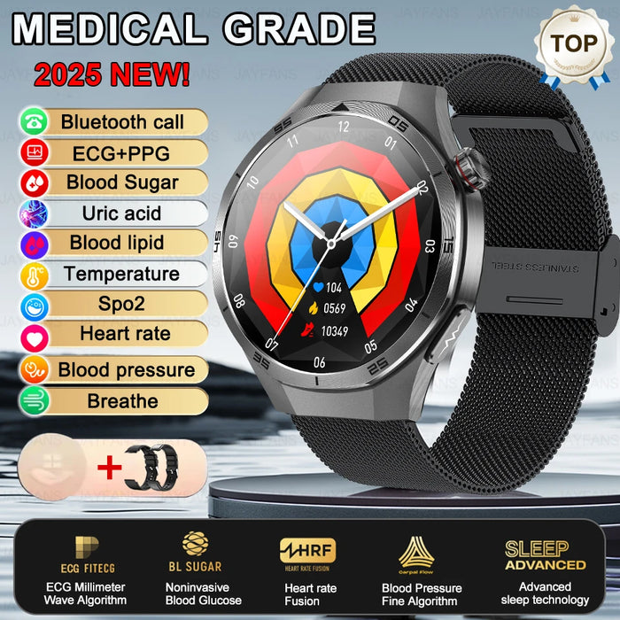 Waterproof ECG Smartwatch with Body Fat & Heart Rate Tracking Black-Mesh-Belt-2