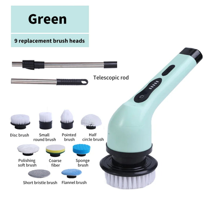 Green Electric Spin Scrubber with 9 Interchangeable Brush Heads for Versatile Cleaning