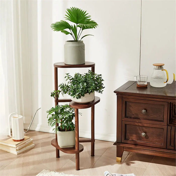 3-tier bamboo corner shelf plant rack with natural wood finish