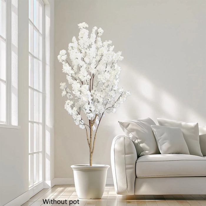 Artificial White Cherry Blossom Tree Branches with Silk Leaves for Home & Wedding Decor, 180cm