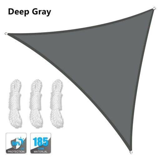 
Heavy waterproof triangle shade sail in deep grey color, 300x300x300cm, made from high quality 100% polyester fabric with PU coating, provides 98% UV protection and 90% shading rate, water-resistant with 400mm HH rating, includes stainless steel D-rings for easy installation and reduces heat in outdoor living areas