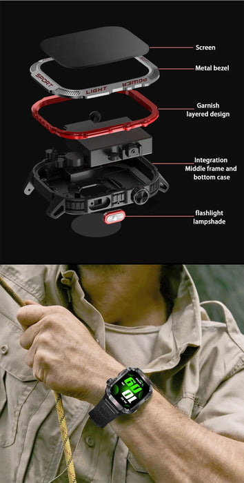 Outdoor Sports Smartwatch with Compass, Flashlight & Bluetooth Call – Black Silicone