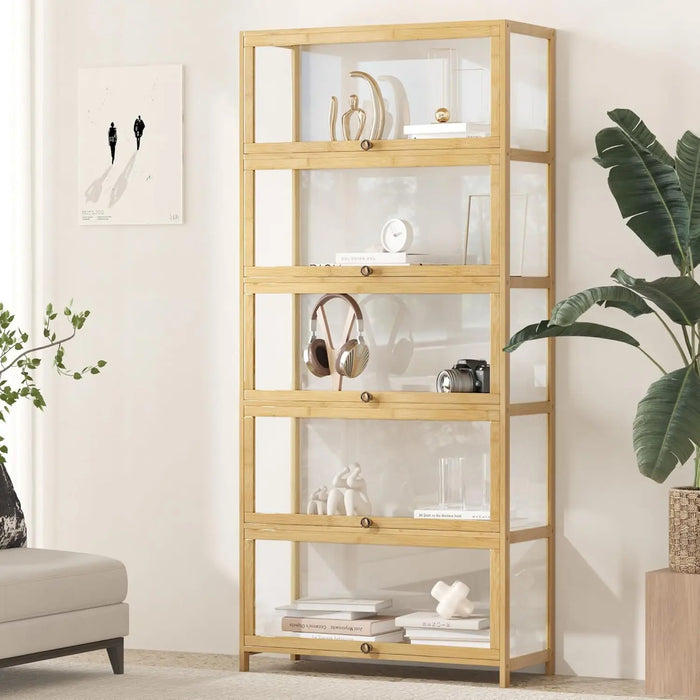 Bamboo Display Cabinet with Clear Door Panels 5 Shelves, Hallway & Living Room Storage