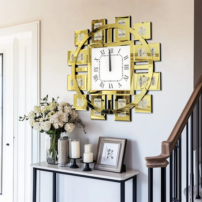 Battery operated 60CM gold irregular wall clock made of durable MDF, glass, and crystal