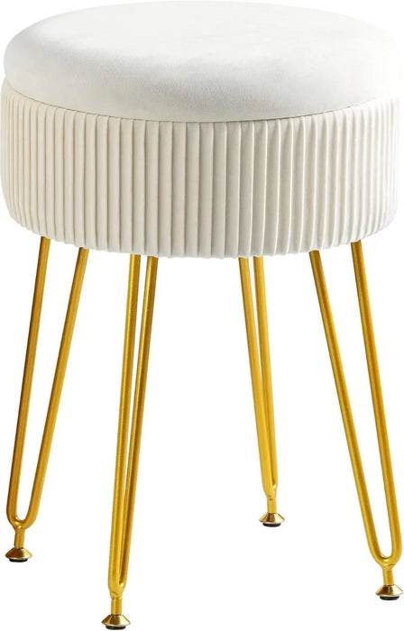 Small Round Velvet Makeup Chair Beige Storage Ottoman with Gold Legs, 46cm Tall