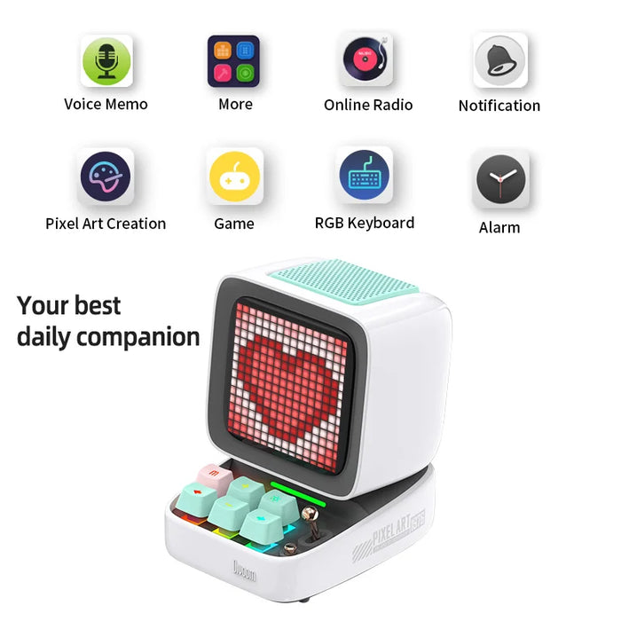 Green Bluetooth desktop speaker with pixel art display and alarm clock