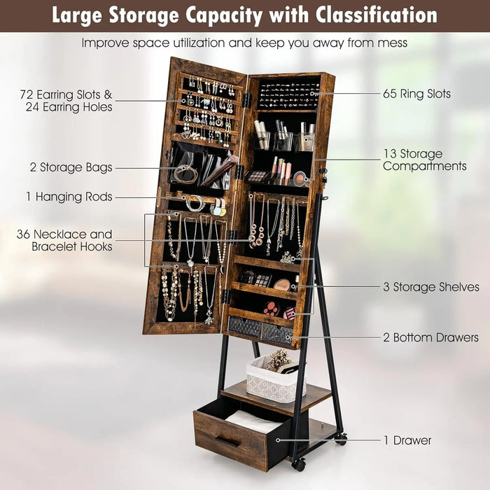 Standing Jewelry Organizer with Mirror, Lockable Door, Velvet Lined Drawers & Wheels