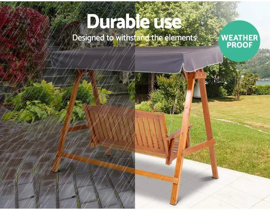 Outdoor Wooden Swing Chair 3-Seater with Adjustable Canopy & Cushions Teak Finish Patio Bench