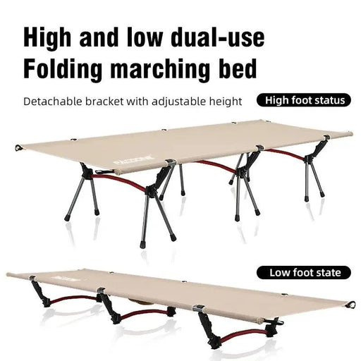 Portable folding camping bed with a comfortable outdoor cot in black