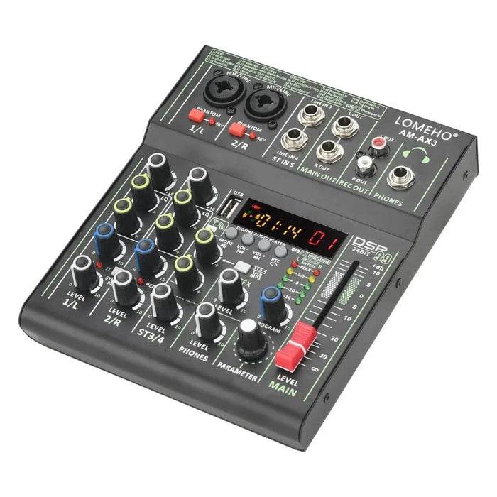 4 Channels Audio Mixer 48V Bluetooth USB with 99 Digital Effects for Recording - FLUXA