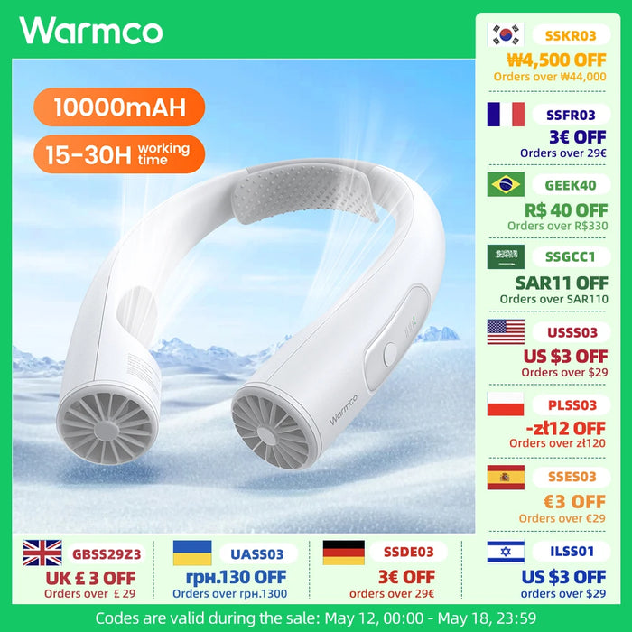 10000mAh Portable Neck Fan – 4-Speed Wearable Cooling Black