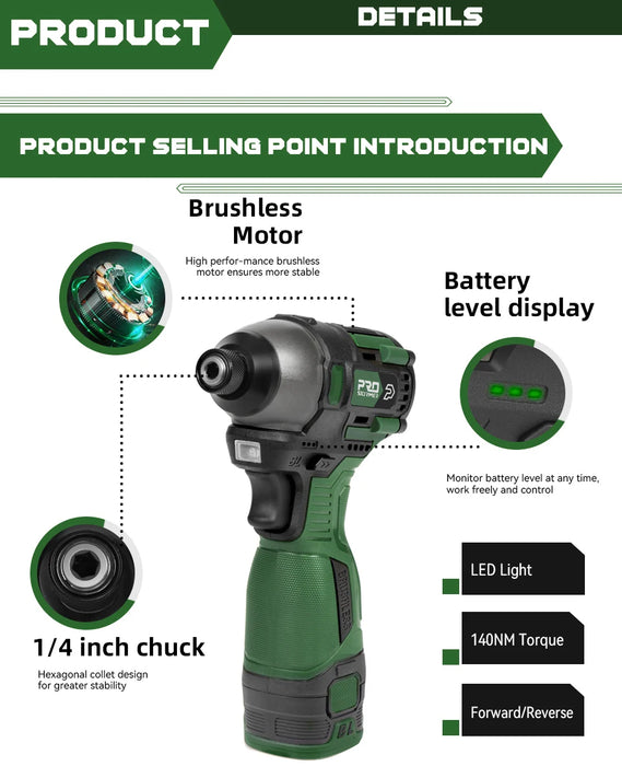 Powerful 140Nm Brushless Electric Screwdriver with 17V Cordless Drill and Rechargeable 1500mAh Battery