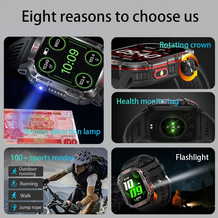 Outdoor Sports Smartwatch with Compass, Flashlight & Bluetooth Call – Black Silicone
