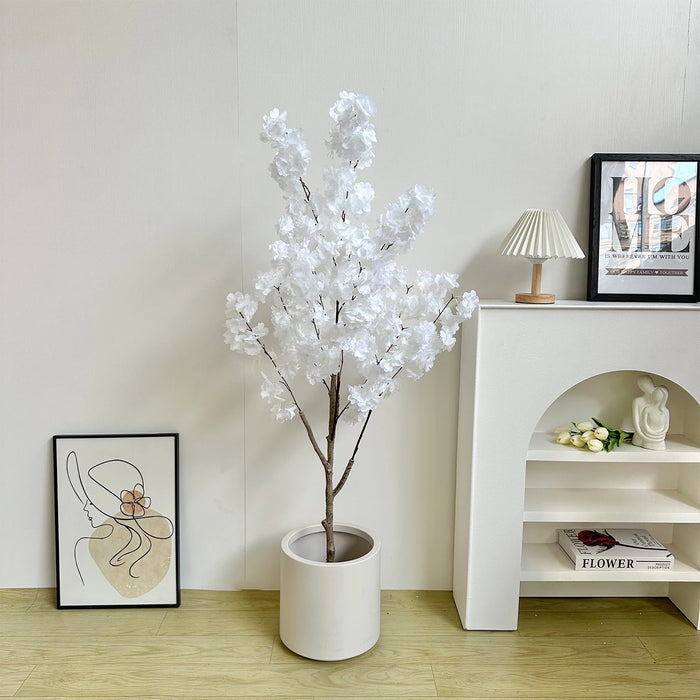 Tall Artificial Cherry Blossom Tree – White Silk Flowers, Natural Trunk, Faux Indoor Decoration for Home & Events, 180cm