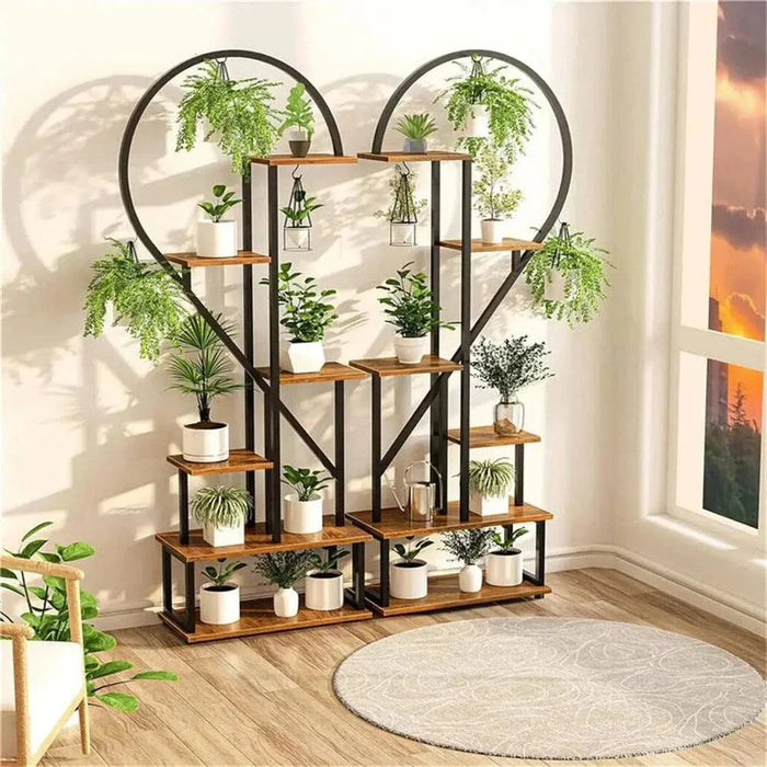 6-tier heart-shaped plant stand made of wood and metal for indoor and outdoor display