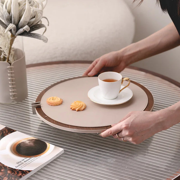 Round Walnut Leather Tray with Metal Frame for Home Decor
