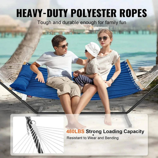 High-Quality Blue Double Hammock with Stand, 200g Quilted Cotton and Polyester Material, 140 cm Curved Hardwood Spreader Bars, 18 Handcrafted Ropes, and T-Shaped Steel Stand