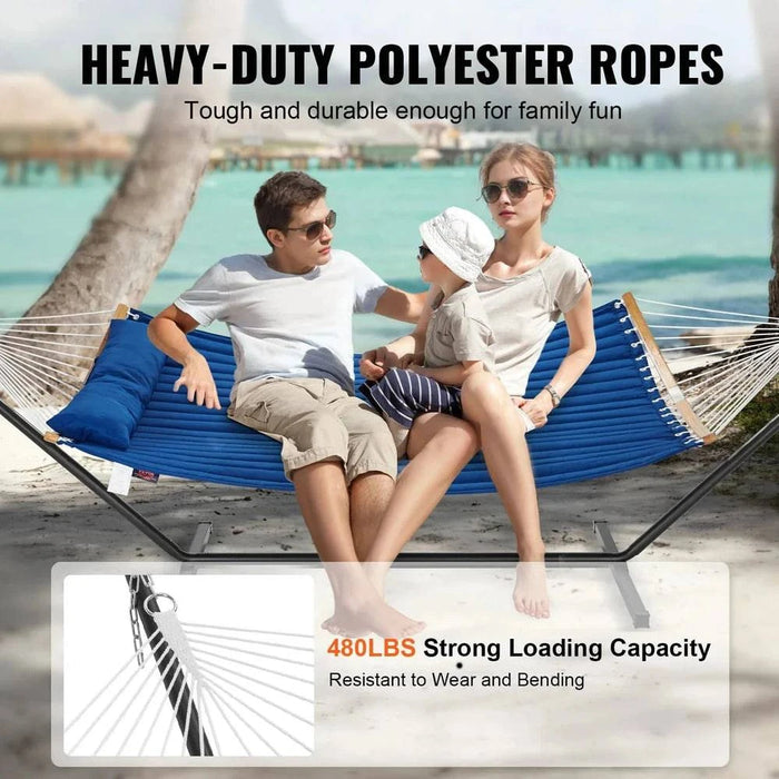 High-Quality Blue Double Hammock with Stand, 200g Quilted Cotton and Polyester Material, 140 cm Curved Hardwood Spreader Bars, 18 Handcrafted Ropes, and T-Shaped Steel Stand