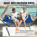 High-Quality Blue Double Hammock with Stand, 200g Quilted Cotton and Polyester Material, 140 cm Curved Hardwood Spreader Bars, 18 Handcrafted Ropes, and T-Shaped Steel Stand