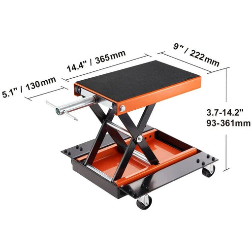 Black and red motorcycle lift with 500 kgs wheels capacity and safety pin