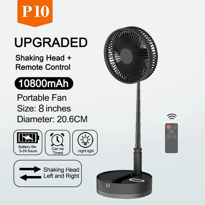 Portable black folding rechargeable fan with 10800mAh battery, USB, and remote control