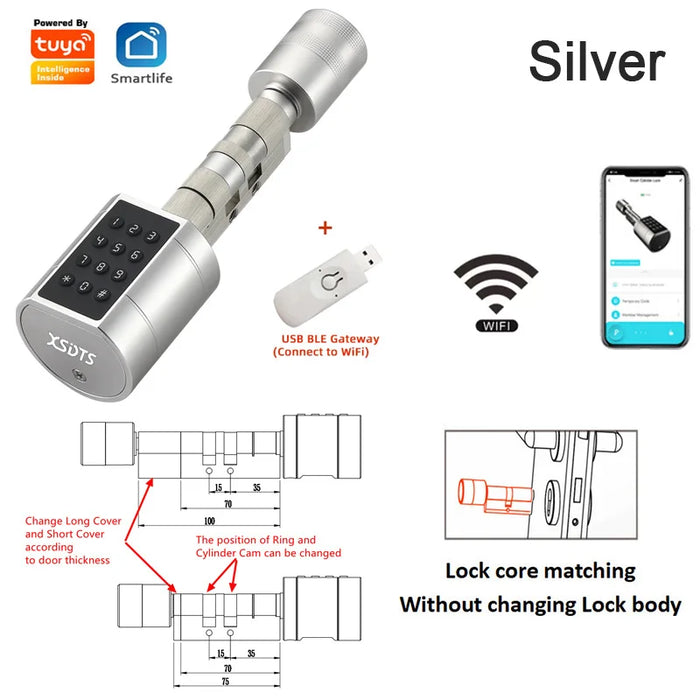 Fingerprint Cylinder Smart Door Lock Silver with Gateway Digital Keypad Key Card alt text: High-tech silver smart lock with fingerprint scanner, keypad, and key card access