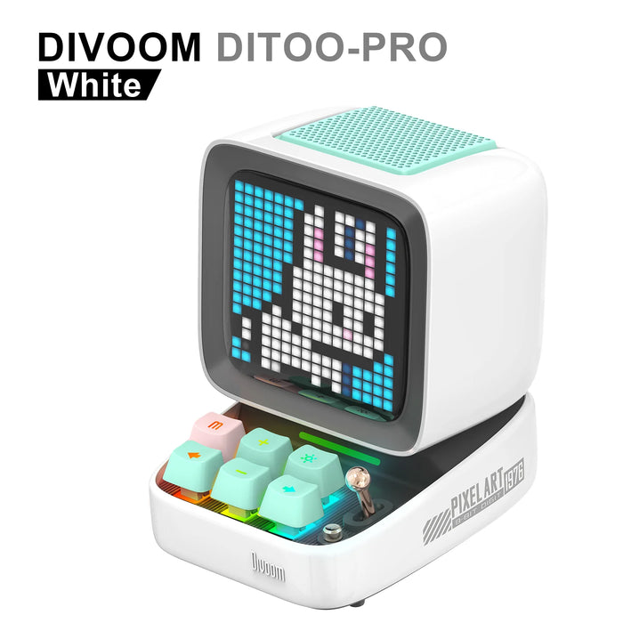 White Bluetooth desktop speaker with pixel art display and alarm clock