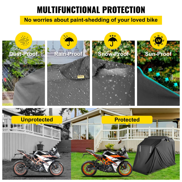 Motorcycle Cover fits motorcycles up to 270 cm in length, 105 cm in width, and 155 cm in height