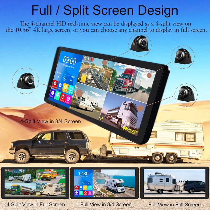 10.36" Quad Split RV Camera Monitor with 4 Cameras
