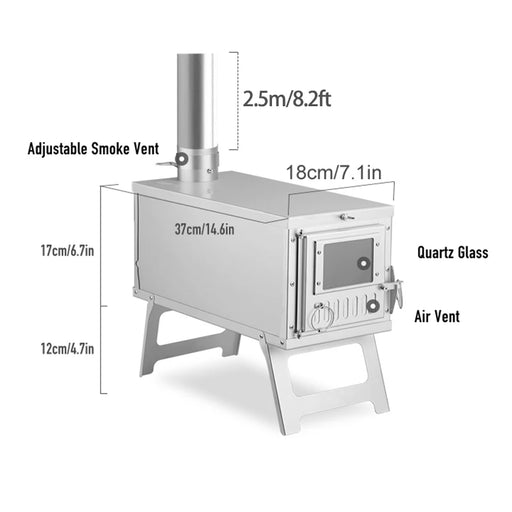 Camping tent stove portable ultralight stainless steel foldable wood burner with glass windows outdoor heater