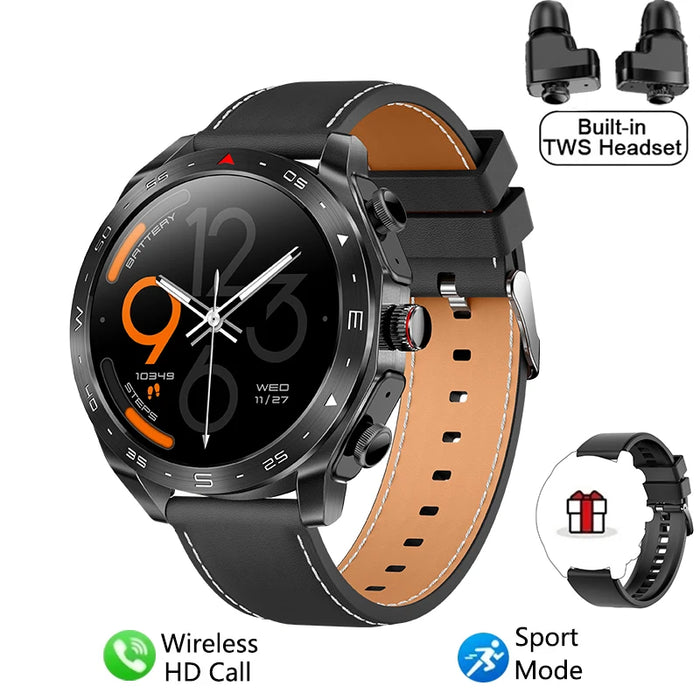 Leather Black Smart Watch with 2-in-1 TWS Bluetooth Earphones and HD Bluetooth Call with high-fidelity 9D sound quality and smart notifications