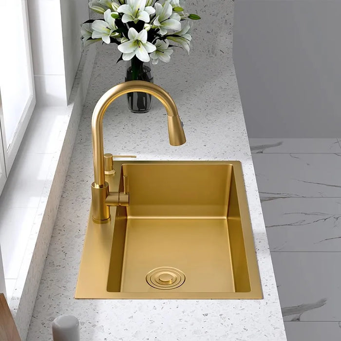 Gold Stainless Steel Kitchen Sink with Soap Dispenser and Drainer