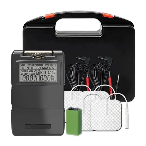 TENS unit muscle stimulator with electrode pads and user manual