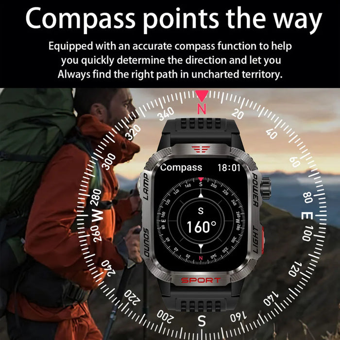 Outdoor Sports Smartwatch with Compass, Flashlight & Bluetooth Call – Black Silicone