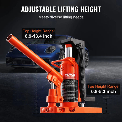 Hydraulic toe jack with 10 ton lift capacity and adjustable toe height and top