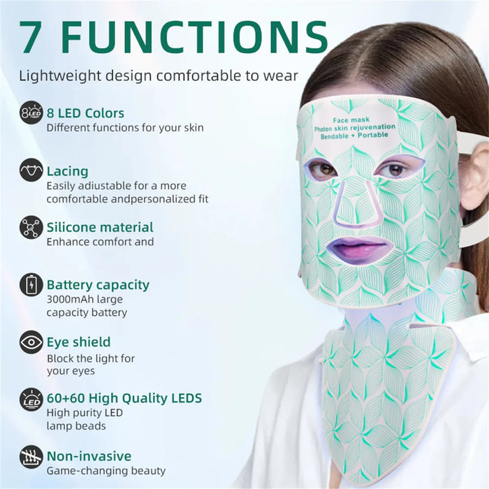 LED face mask with 8-color light therapy in white box for skin care treatment