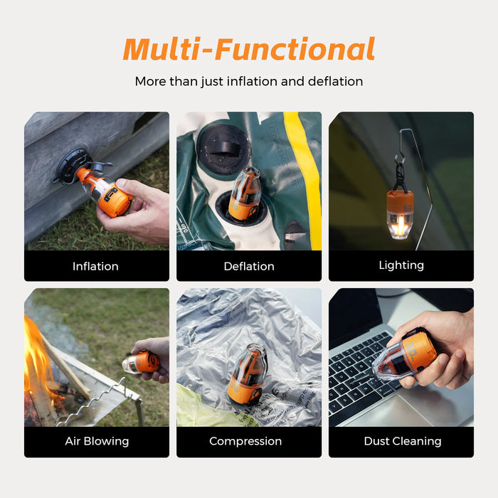 Orange Electric Air Pump for Camping, 6L/Min High-Pressure Portable Pump with 3-Level Ambient Light, Ideal for Air Beds, Sleeping Pads, and Vacuum Bag