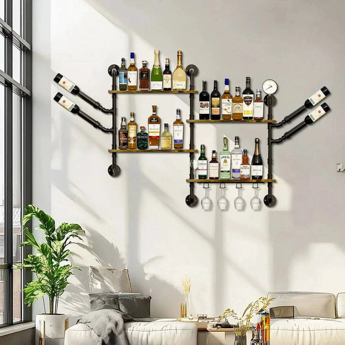 Vintage industrial style black metal pipes and rustic brown MDF shelves