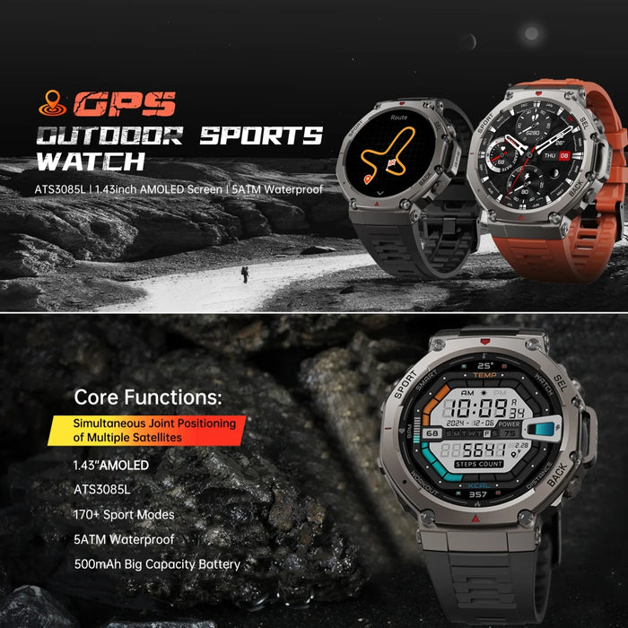 5ATM Waterproof T-Rex 3 Smartwatch with GPS & Compass