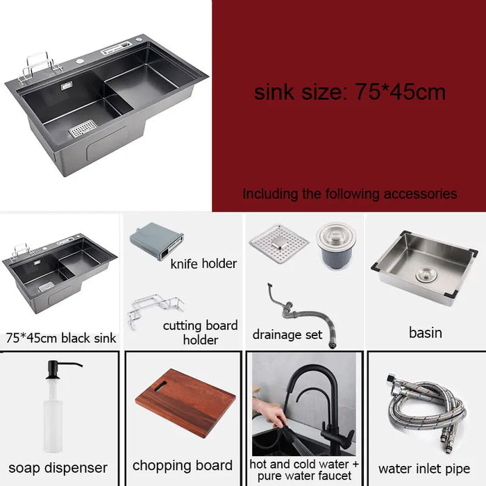 Multifunctional Stainless Steel Kitchen Sink with Faucet & Rack silver 75x45cm C
