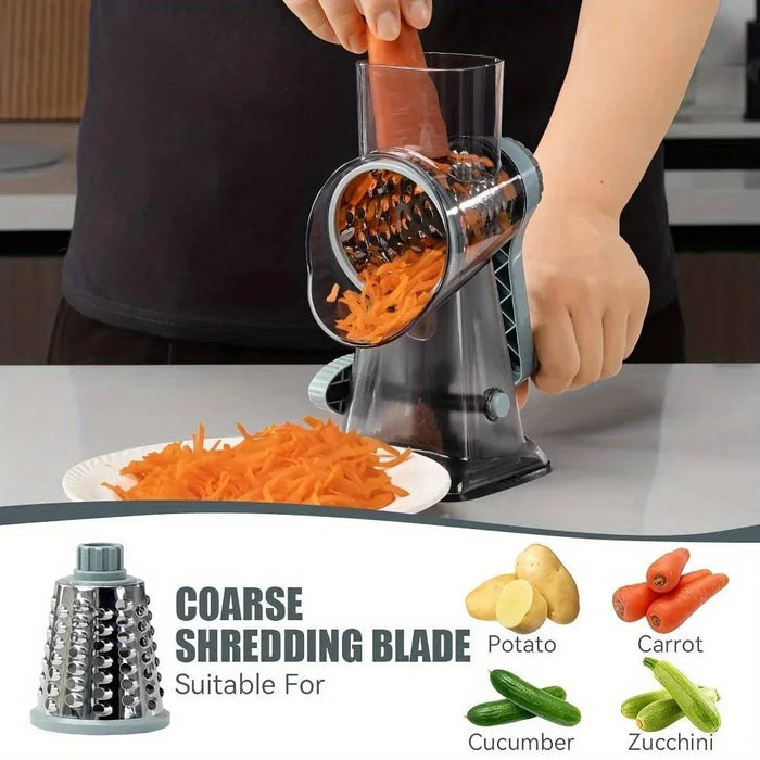 Rotary manual cheese grater with 3 interchangeable blades for easy shredding